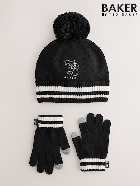 Baker by Ted Baker Boys Varsity Logo Pom Black Beanie and Gloves Set (AN4122) | £26