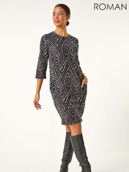 Roman Grey Animal Print Pocket Shift Stretch Dress (AN4139) | £45