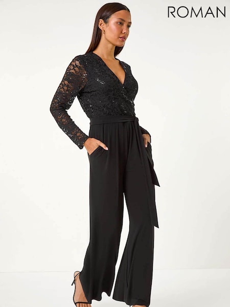 Roman Black Sequin Lace V-Neck Stretch Jumpsuit (AN4157) | £62