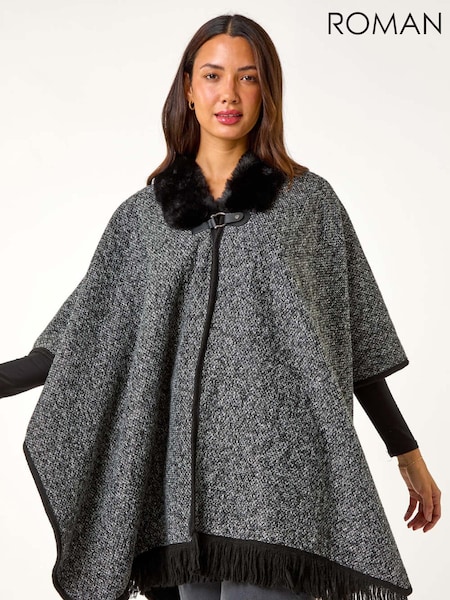 Roman Grey Faux Fur Fringe Hem Poncho (AN4162) | £48