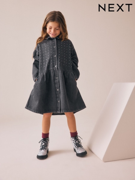 Washed Black Denim Diamante Shirt Dress (3-16yrs) (AN4306) | £19 - £24