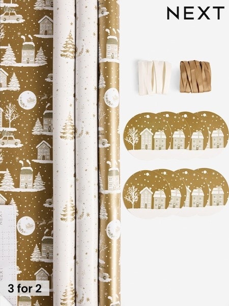 Gold Houses Set of 3, 3m Christmas Wrapping Papers (AN4351) | £8
