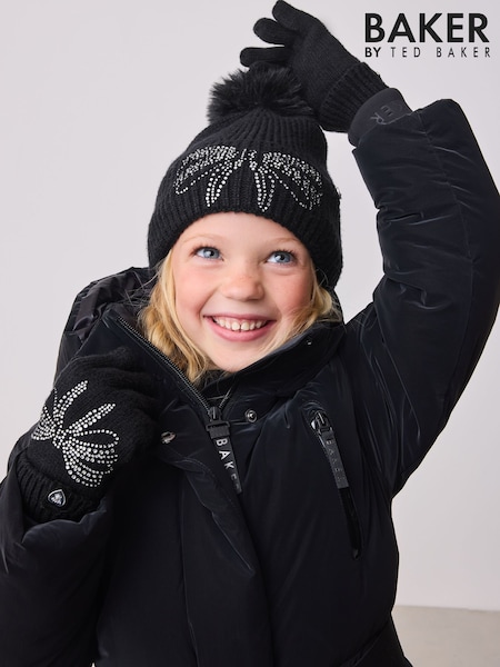 Baker by Ted Baker Girls Knitted Diamanté Bow Pom Hat and Gloves Set (AN4543) | £28