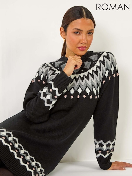 Roman Black Geometric Print Knitted Shift Dress (AN4691) | £45