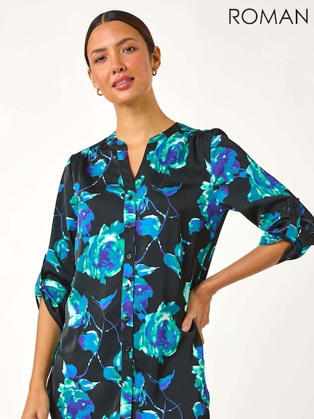 Roman Blue Floral Print Satin Button Blouse (AN4700) | £40