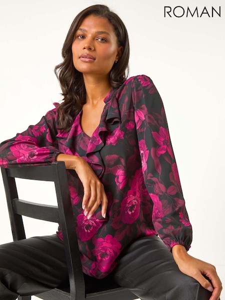 Roman Pink Floral Print Ruffle V-Neck Top (AN4729) | £40