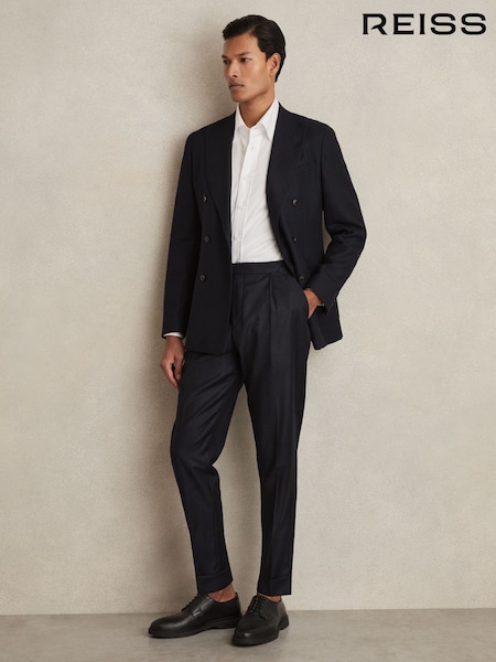 Reiss Navy Cantwell Cotton-Blend Tapered Trousers (AN4945) | £140