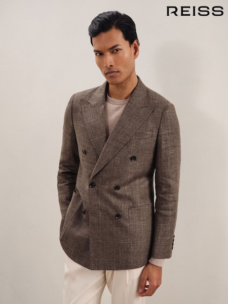 Reiss Dark Brown Ramsay Slim Fit Linen Double-Breasted Check Blazer (AN4952) | £380