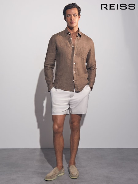 Reiss Light Taupe Brown Queens Linen Button-Through Shirt (AN4962) | £98