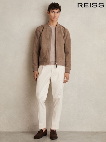 Reiss Mink Block Leather-Sleeve Suede Brick Bomber Jacket (AN4993) | £398