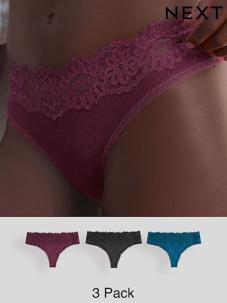 Blue/Pink Thong Lacetop Rib Knickers 3 Pack (AN5075) | £18