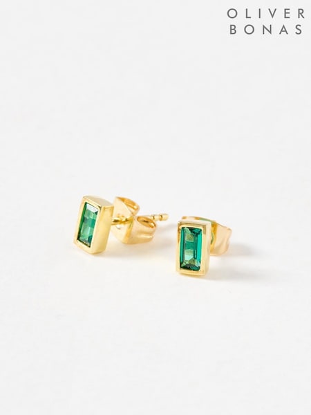 Oliver Bonas Green Selene Siamite Gold Plated Stud Earrings (AN5182) | £26