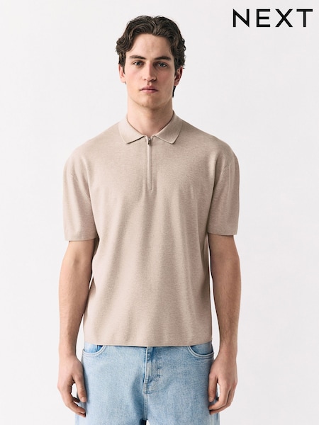 Oatmeal Quarter Zip Relaxed Fit Premium Short Sleeve Knit Polo Shirt (AN5776) | £30