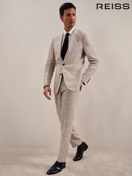 Reiss Oatmeal Ashton Linen Check Slim-Fit Suit Trousers (AN5796) | £170