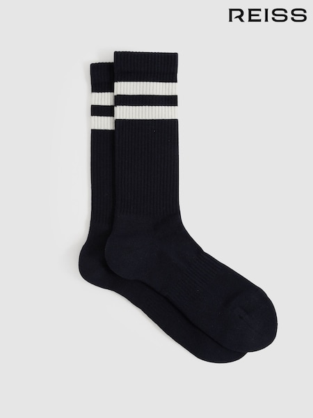 Reiss Navy/Ecru Henman Cotton-Blend Double-Stripe Socks (AN5799) | £12