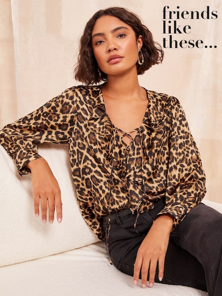 Friends Like These Neutral Ruffle Detail Long Sleeve Leopard Print Blouse (AN5816) | £38