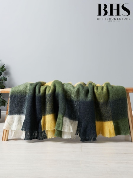 BHS Green Block Check Wool Mix Throw (AN5827) | £55