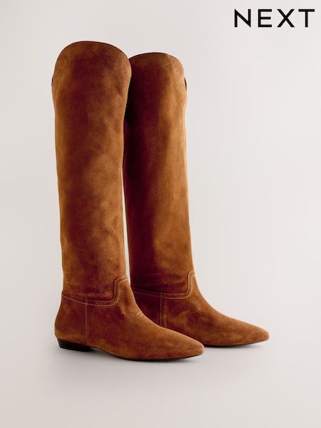 Tan Brown Suede Signature Premium Leather Knee High Slouch Boots (AN5878) | £98