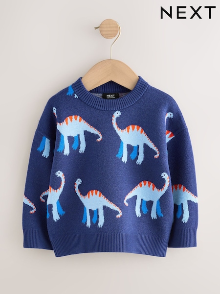 Blue Dinosaur Knitted Crew Neck Jumper (3mths-7yrs) (AN5884) | £15 - £17