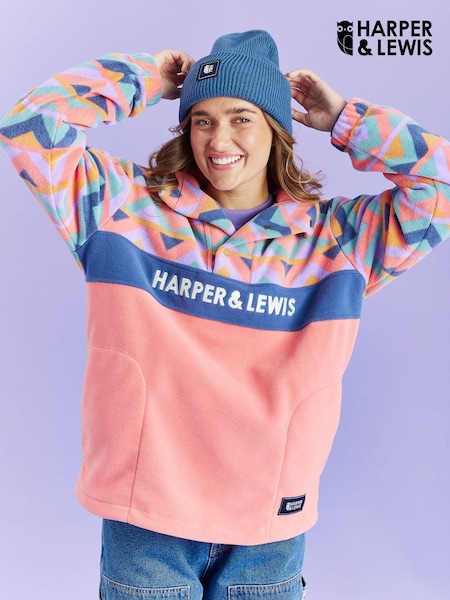 Harper & Lewis Pink Polar Retro Pattern Popper Neck Fleece Pink (AN5971) | £64