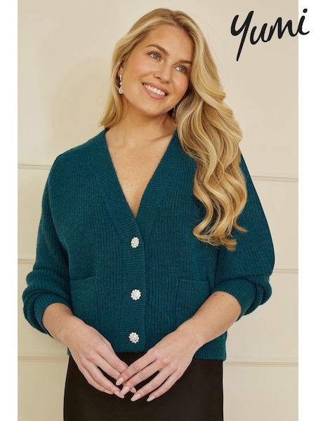 Yumi Green Daisy Button Knitted Relaxed Fit Cardigan (AN5988) | £55