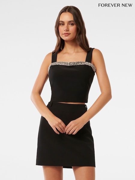 Forever New Black Camilla Embellished Trim Crepe Top (AN6054) | £50