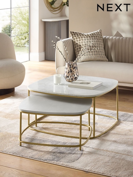 Light Grey Valencia Marble and Mango Wood Nest of 2, Rectangular Coffee Tables (AN6073) | £475