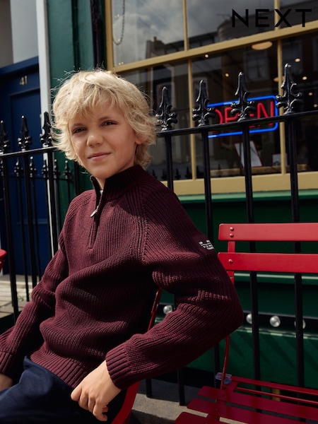 Plum Purple Utility Zip Neck Knitted Jumper (3-16yrs) (AN6092) | £19 - £24