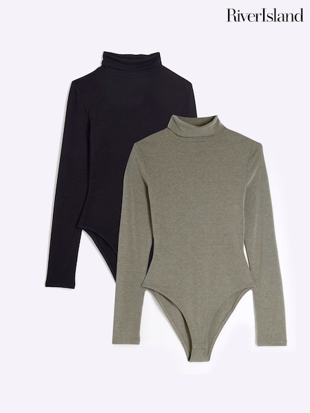 River Island Khaki/Black 2 Pack Long Sleeve Roll Neck Bodies (AN6096) | £36