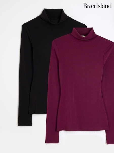 River Island Burgundy/Black 2 Pack Roll Neck Long Sleeve Tops (AN6104) | £30