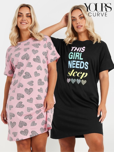 Yours Curve Black/Pink Girl Needs 100% Cotton Sleep Nighties 2 Pack (AN6184) | £29