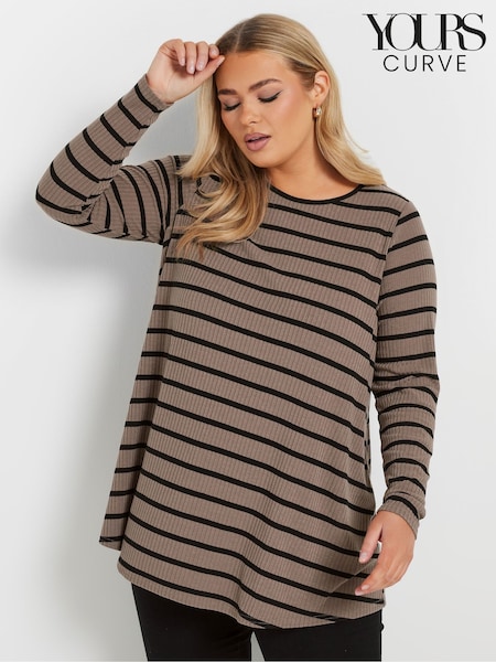 Yours Curve Brown Long Sleeve Ribbed Stripe Swing T-Shirt (AN6271) | £26
