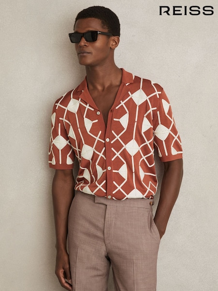 Reiss Paprika Red Terrazzo Geometric Embroidery Knit Shirt (AN6315) | £140
