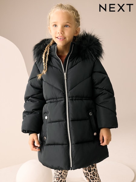 Black Shower Resistant Faux Fur Trim Padded Coat (3-16yrs) (AN6407) | £36 - £46