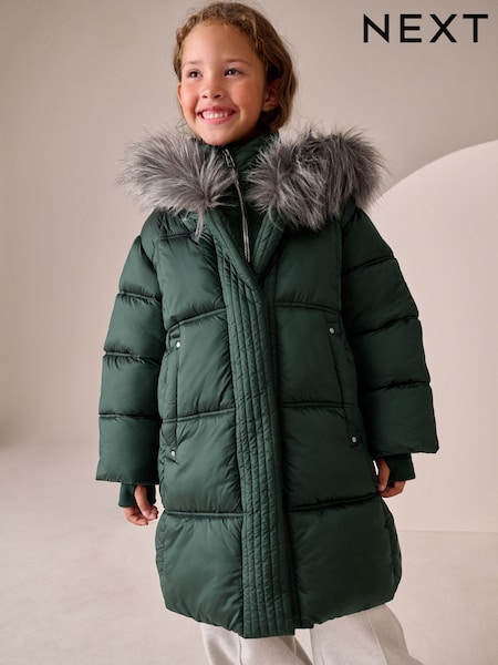 Green Shower Resistant Fur Trim Padded Coat (3-16yrs) (AN6413) | £37 - £47