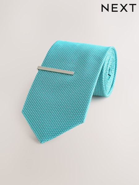 Aqua Blue Textured Tie with Tie Clip (AN6466) | £14