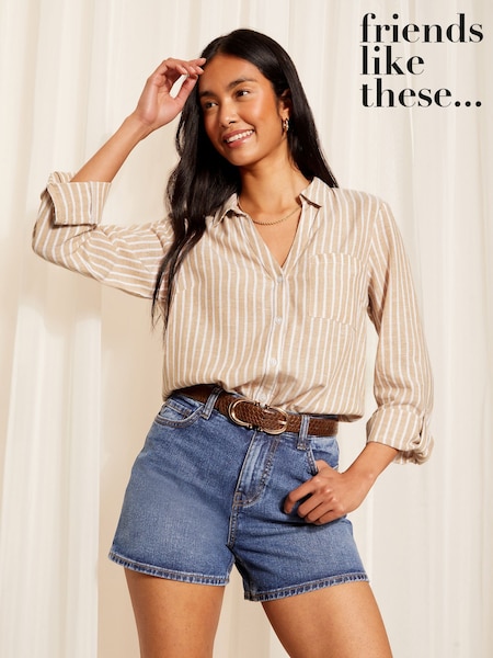 Friends Like These Brown Long Sleeve Button Through Shirt with Linen (AN6709) | £32