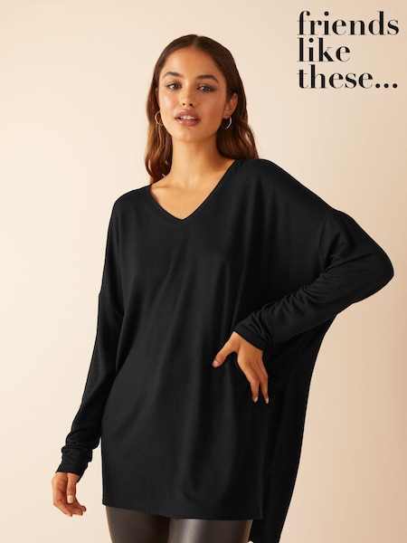 Friends Like These Black Soft Jersey V-Neck Long Sleeve Tunic Top (AN6722) | £22
