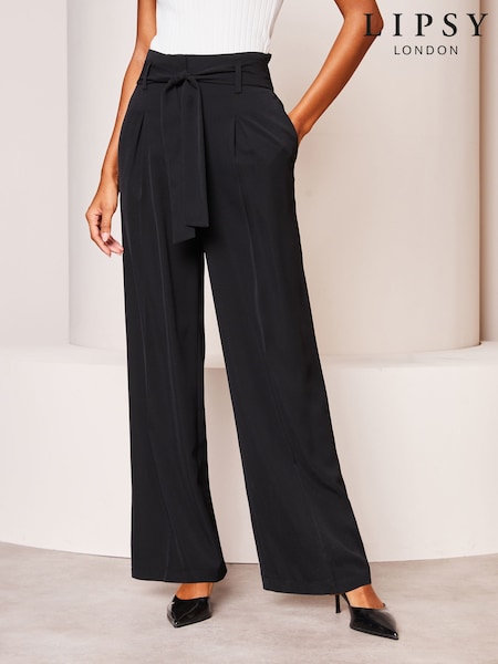 Lipsy Black Petite Belted Wide Leg Trousers (AN6723) | £42