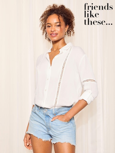 Friends Like These White Long Sleeve Crinkle Trim Detail Button Through Shirt (AN6752) | £32