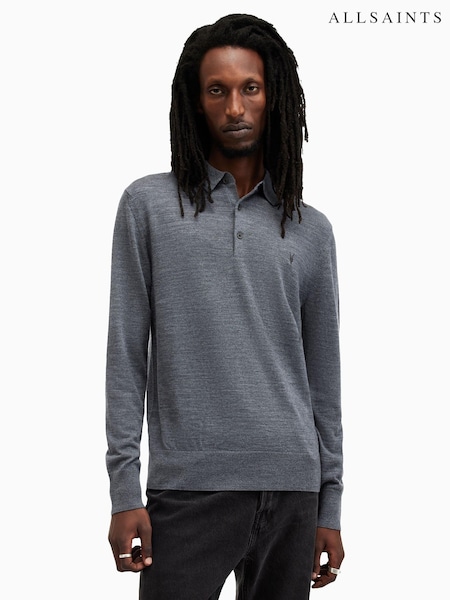 AllSaints Blue Mode Merino Long Sleeves Polo Shirt (AN6796) | £95