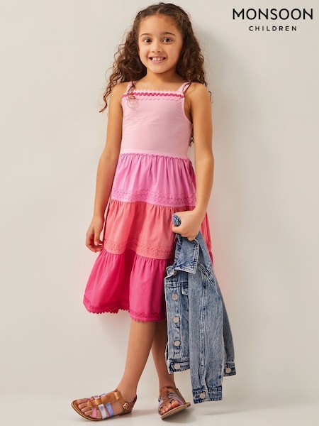 Monsoon Pink Ric Rac Colour Block Tiered 100% Cotton Dress (AN6854) | £28 - £32
