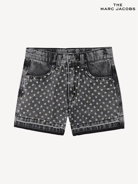 Marc Jacobs Black Logo High Waist Denim Shorts With Floral Embroidery (AN6881) | £115