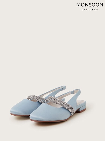 Monsoon Blue Diamante Strap Satin Slingback Flats (AN6893) | £28 - £34