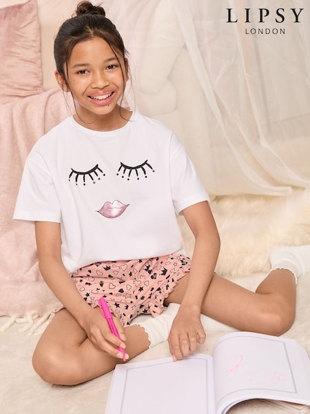 Lipsy Pink/White Printed Jersey Cotton Pyjamas (5-16yrs) (AN6920) | £18 - £26