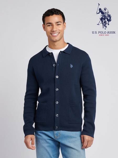 U.S. Polo Assn Blue Mens Milano Stitch Long Sleeve 100% Cotton Knit Polo Shirt (AN7099) | £90