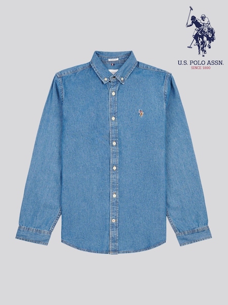 U.S. Polo Assn Blue Mens Double Horsemen Chambray Long Sleeve 100% Cotton Shirt (AN7101) | £65