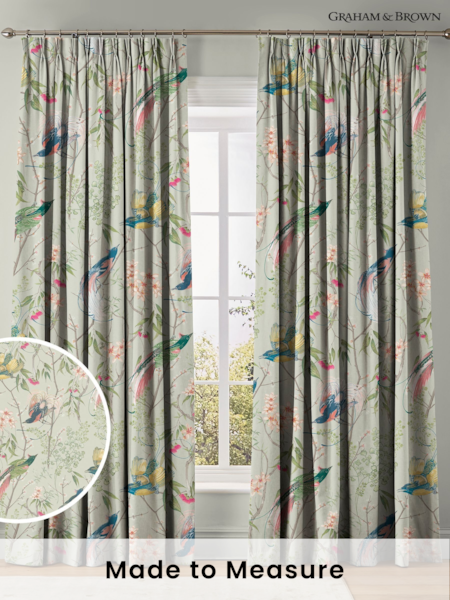 Graham & Brown Sage Green Clavering Birds Made to Measure 100% Cotton Curtains (AN7192) | £119