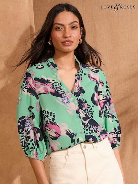 Love & Roses Green Animal Pie Crust Detail 3/4 Sleeve Blouse (AN7274) | £36