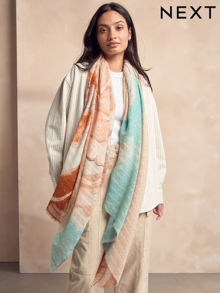 Blue/Rust Abstract Palm Lightweight Scarf (AN7307) | £14